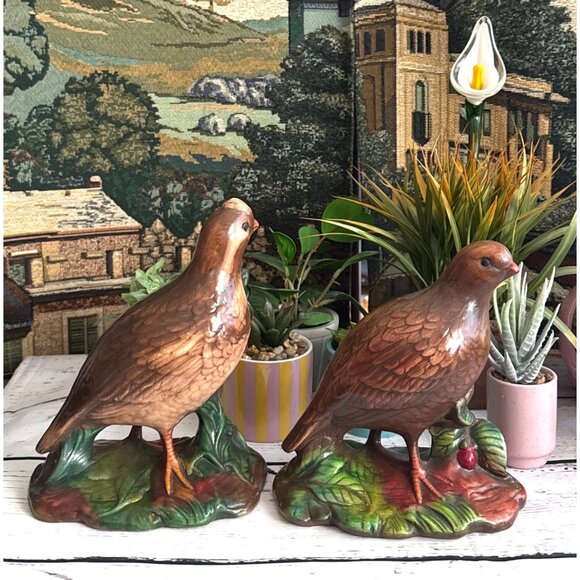 Vintage Ceramic Quail Figurines Brown & Green Bird Decor Set Of 2 - Picture 1 of 6